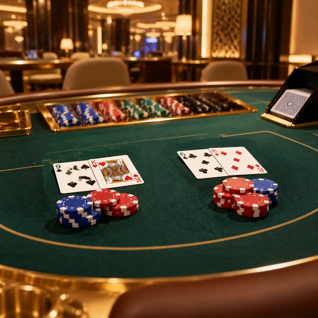 Kartu dan keping pada meja baccarat bernuansa hangat