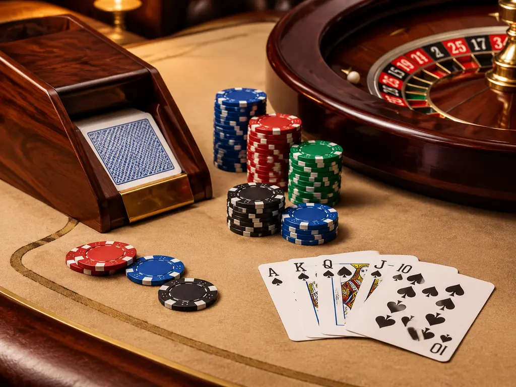 Perlengkapan kartu dan roulette di meja kasino kayu