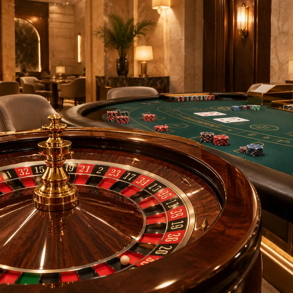 Meja roulette dan kartu di ruang kasino bernuansa pasir hangat