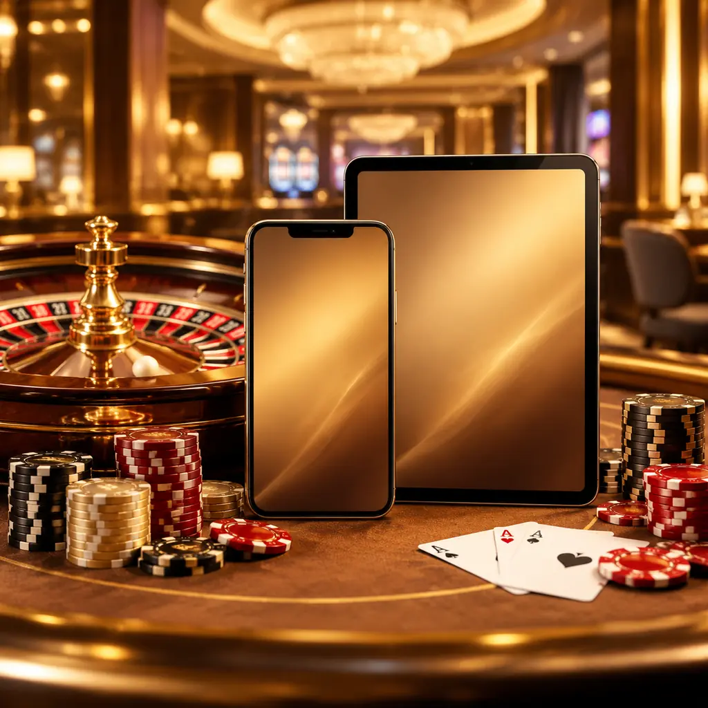 Ponsel dan tablet di samping roda roulette kasino