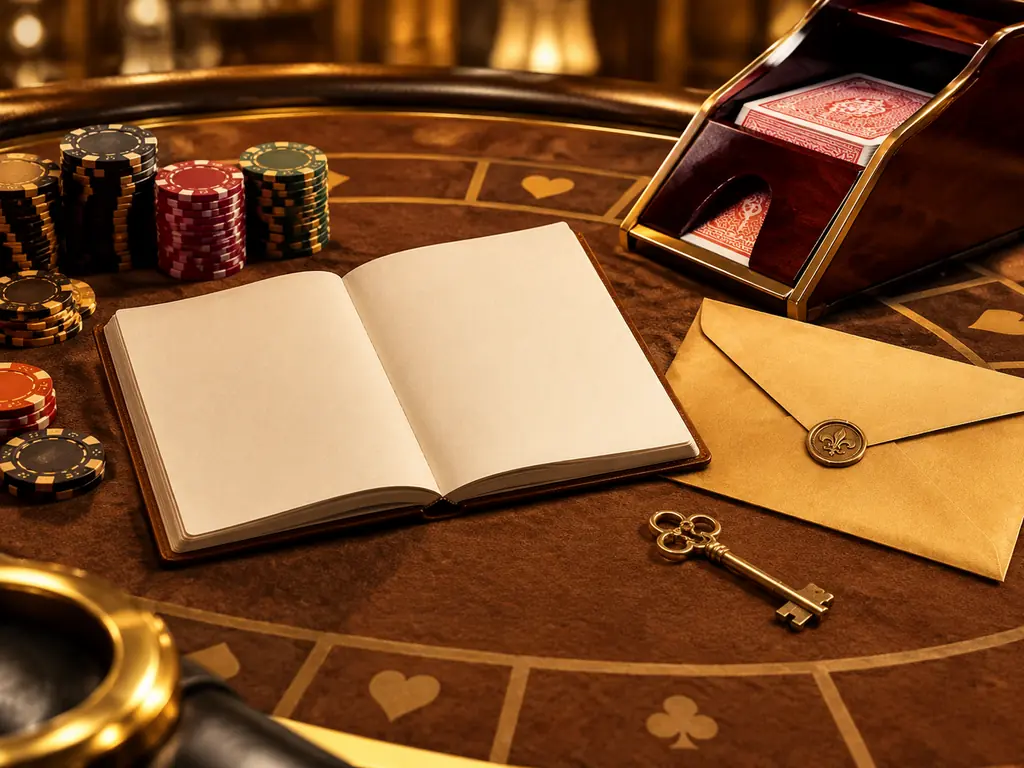 Buku catatan kosong dan kunci di samping kartu kasino